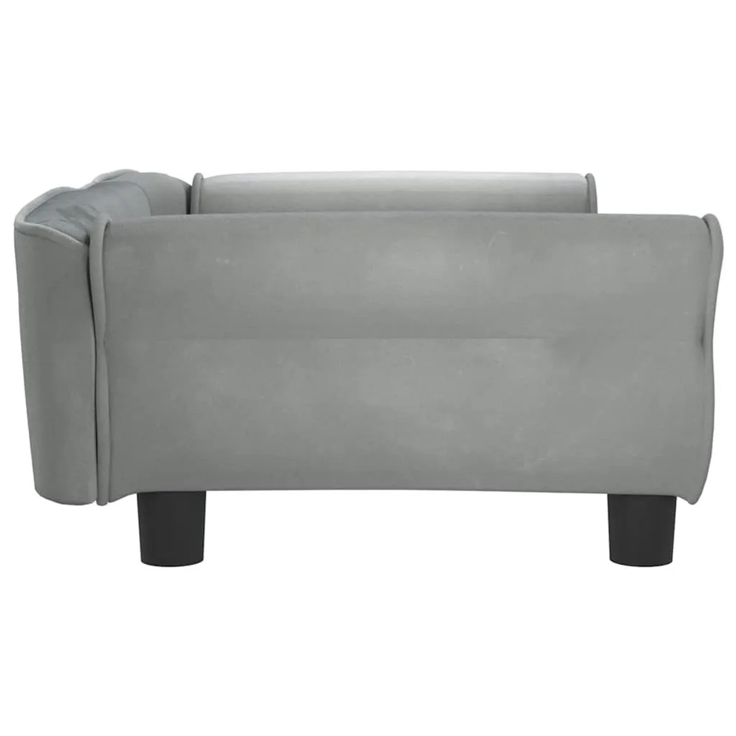 Hellgraues Samt Hundebett im Sofa-Stil, Seitenansicht. Bequemes Hundekörbchen mit dunklen Beinen.