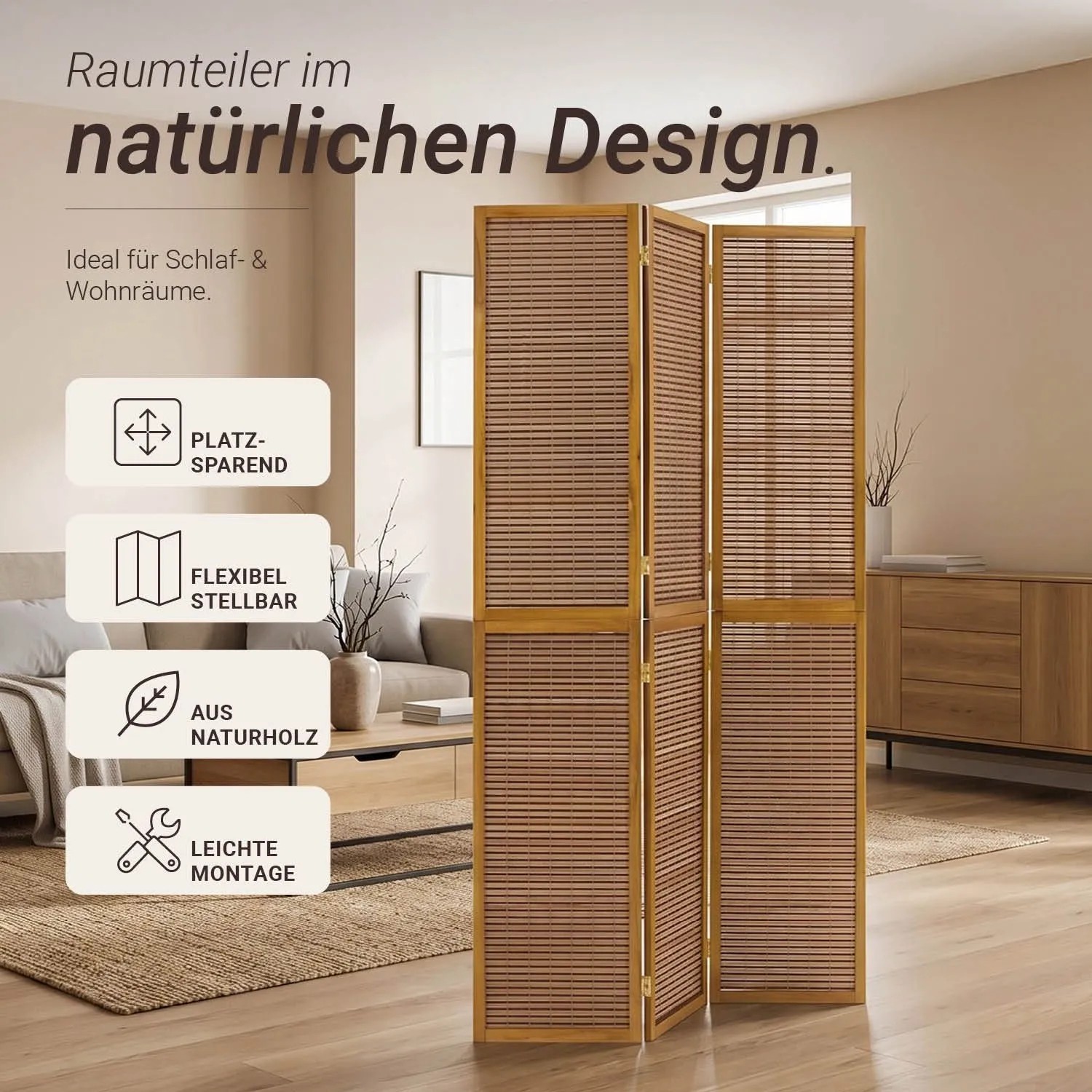 Brauner 3-teiliger Homestyle4u Paravent aus Holz und Bambus, 200x120 cm, als Raumteiler im Wohnzimmer. Faltbar.