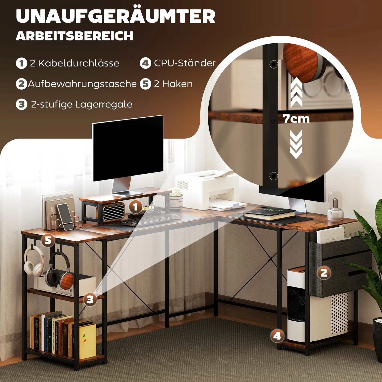 L-förmiger Schreibtisch in Rustikal-Braun mit Stahlrahmen, Ablagen und Monitorständer.