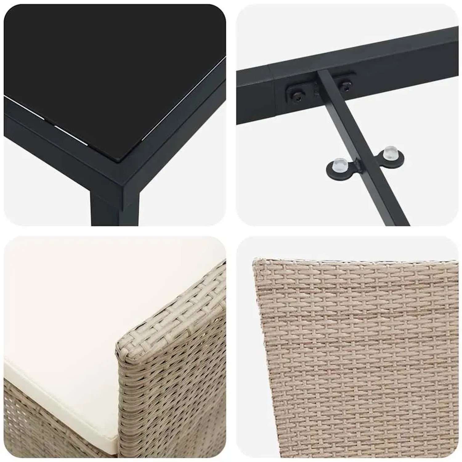 Detailansicht: Beige vidaXL Garten Essgruppe, 5-teilig, Poly Rattan, Tisch mit Glasplatte, Stuhl mit Kissen.