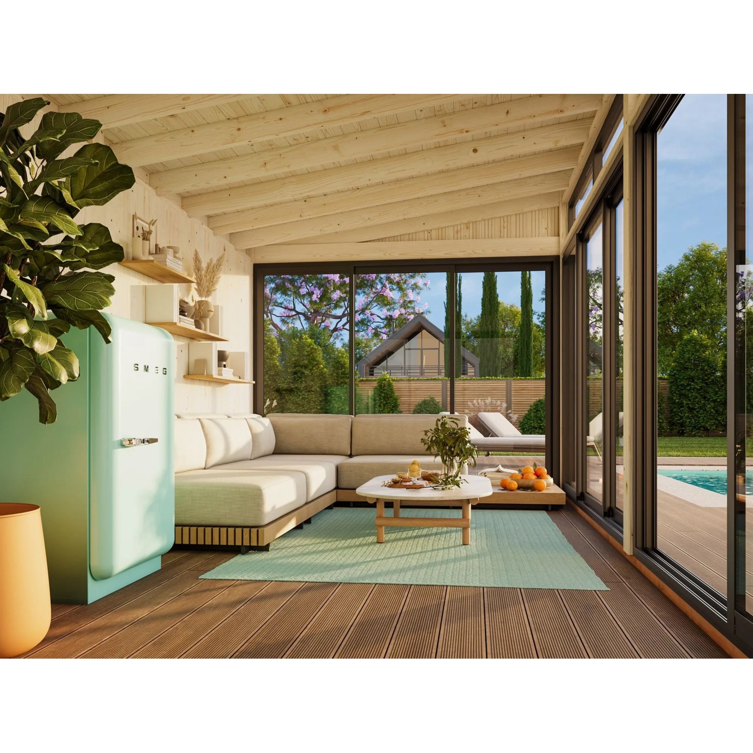 Innenansicht: Palmako Holz-Gartenhaus mit Pultdach, weiß lackiert, eingerichtet mit Möbeln.