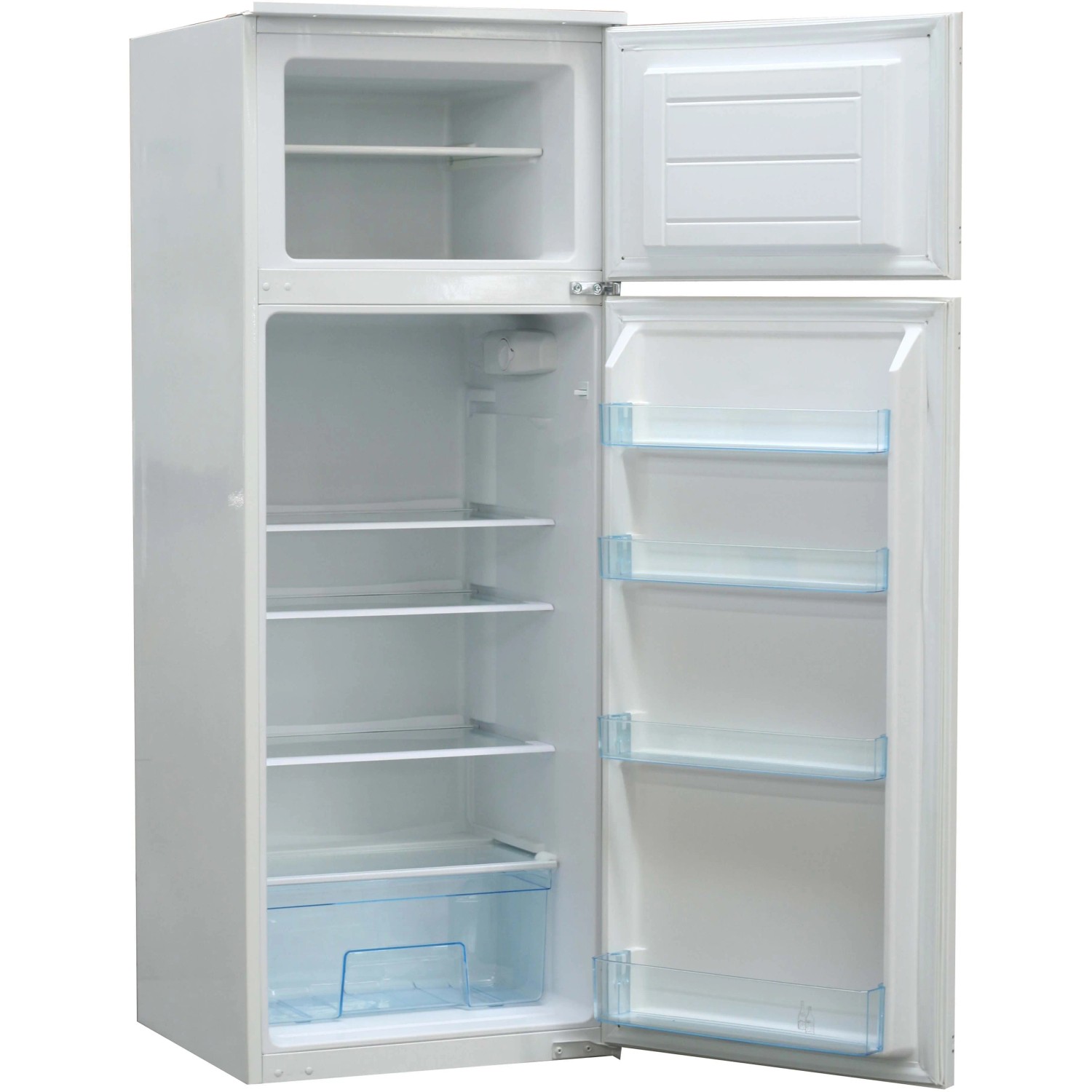 Offener, weißer Einbau-Kühlschrank mit Gefrierfach als Teil der Respekta Premium Winkelküche.