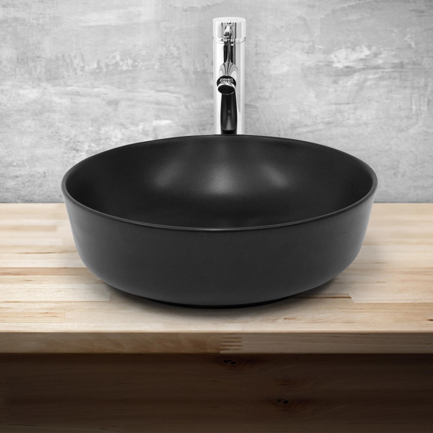ML-Design Handwaschbecken, Keramik, Schwarz Matt, rund, mit Armatur auf Holzplatte.