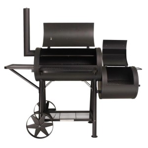 Massiver Taino Yuma Smoker BBQ Grillwagen aus schwarzem Stahl mit offenen Kammern, Schornstein und Metallrädern.