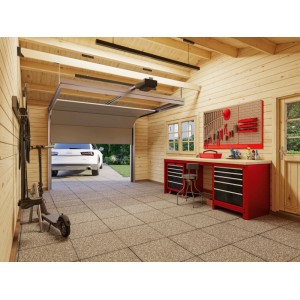 Helle Holzgarage Palmako Roger mit Sektionaltor, Werkbank und Zubehör. Carport mit geöffnetem Tor und PKW.