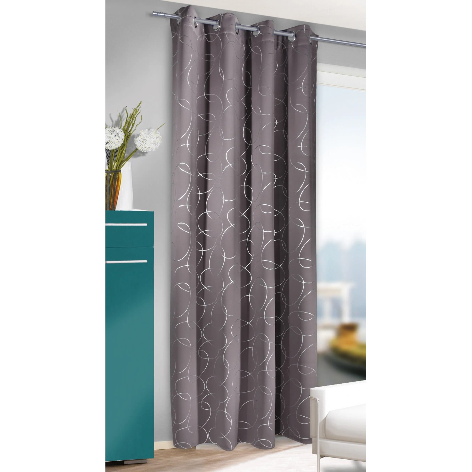 Grau-silberner Blackout Ösenschal mit Kreisdesign, 245x135 cm, von Neusser Collection.