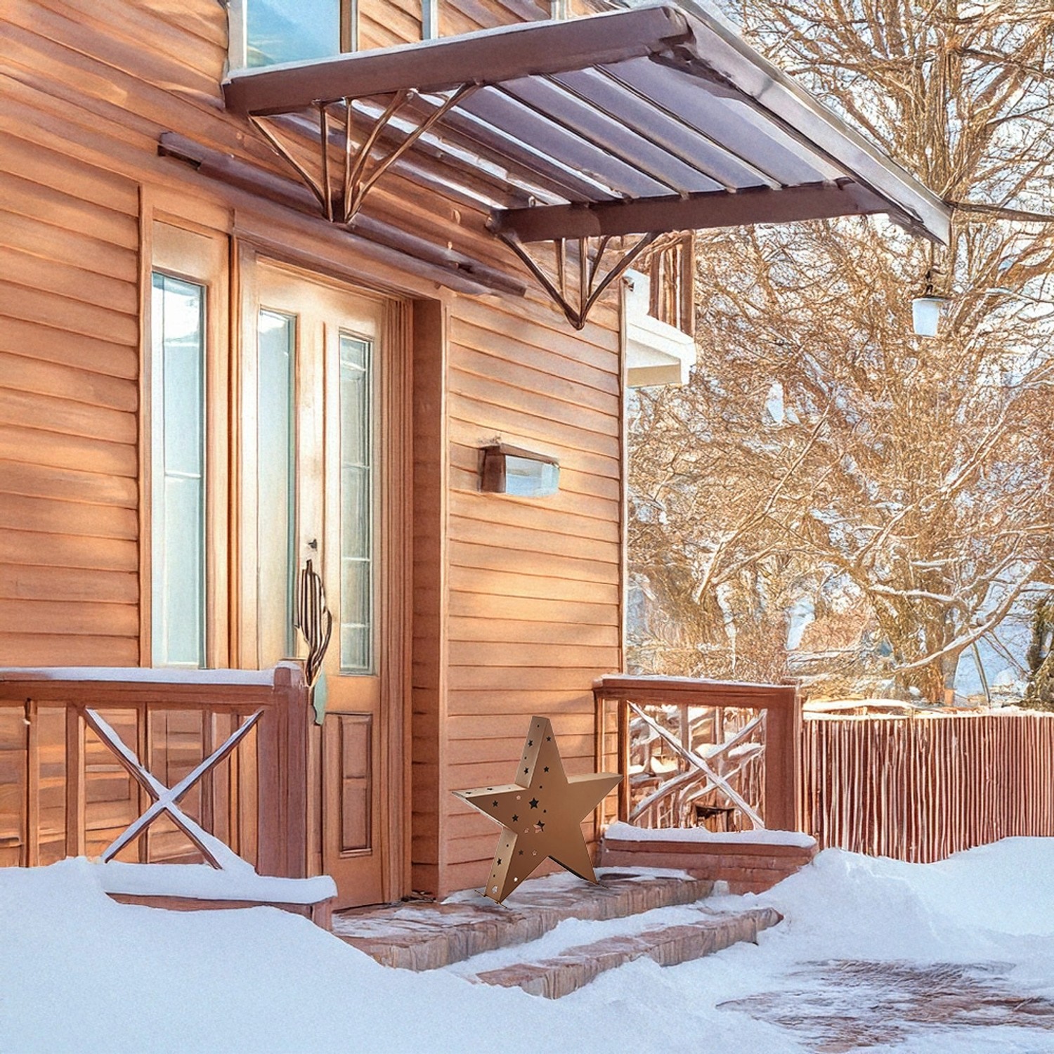 Rostfarbener Kobolo Deko Stern XL als Teelichthalter Laterne vor einem verschneiten Haus.