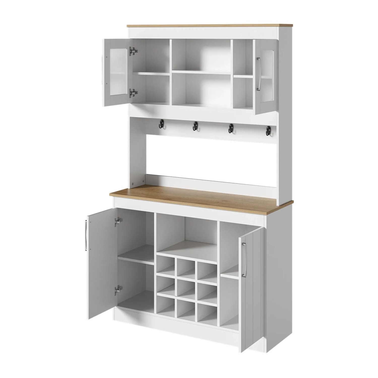 okwish Küchenbuffet mit Aufsatz Glastüren Weinregal Hakenleiste Küche 106x39x175cm Weiß