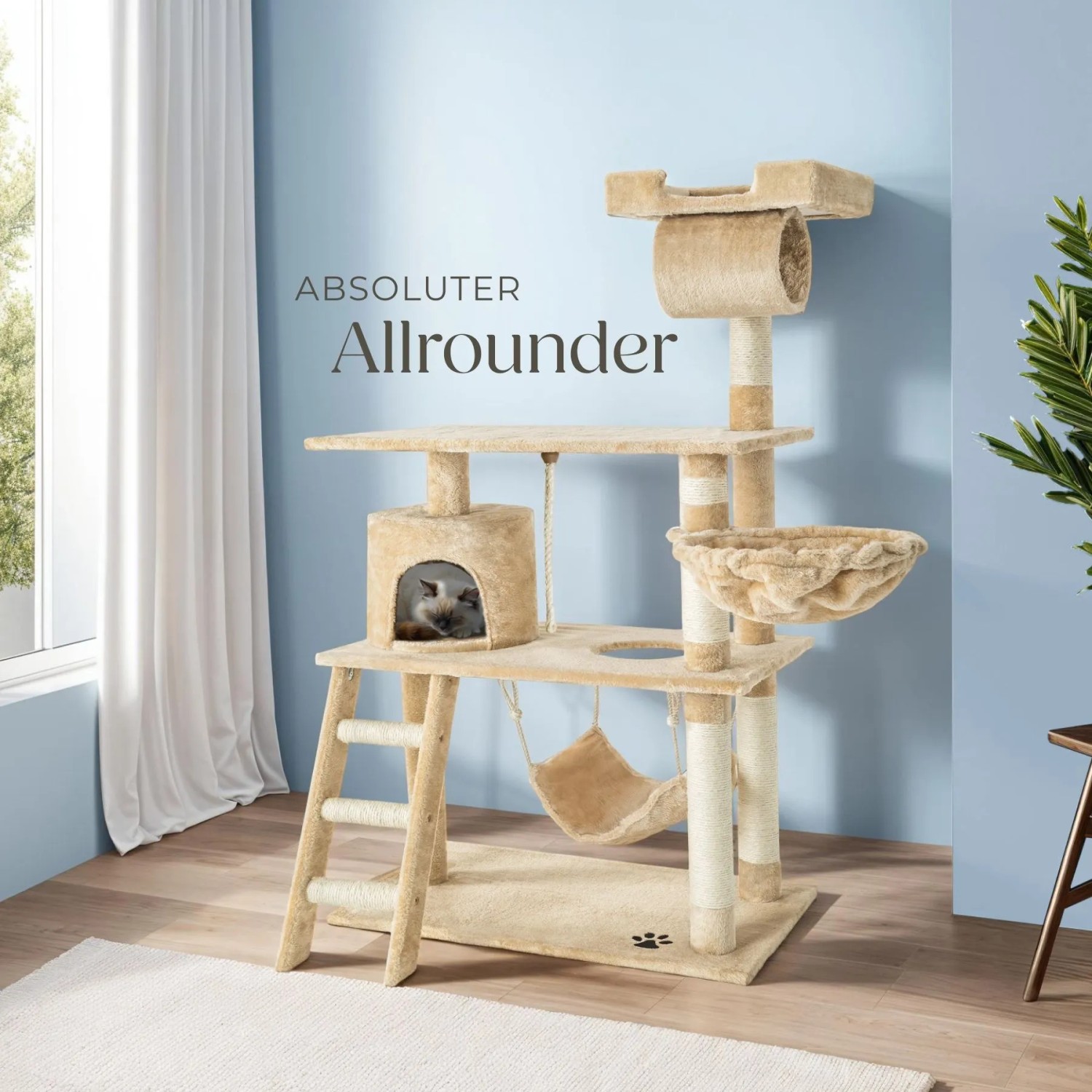 Beiger Tectake Kratzbaum Marcel, 141 cm hoch, mit Liegemulde, Hängematte und Katzenhaus.