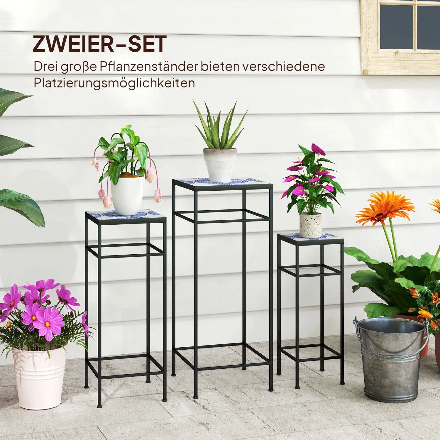 Outsunny Blumenständer-Set mit blauem Mosaik, 3 Größen für Pflanzen und Deko.