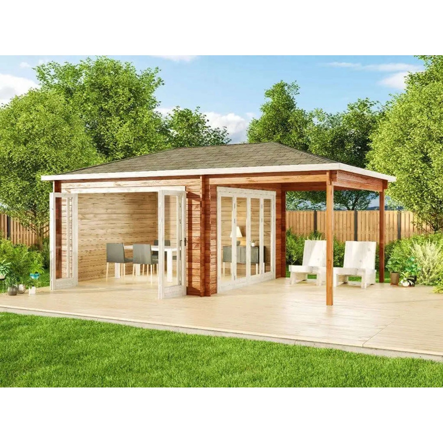 Alpholz Gartenhaus Sunshine Walmdach Unbehandelt 598 cm x 370 cm günstig online kaufen