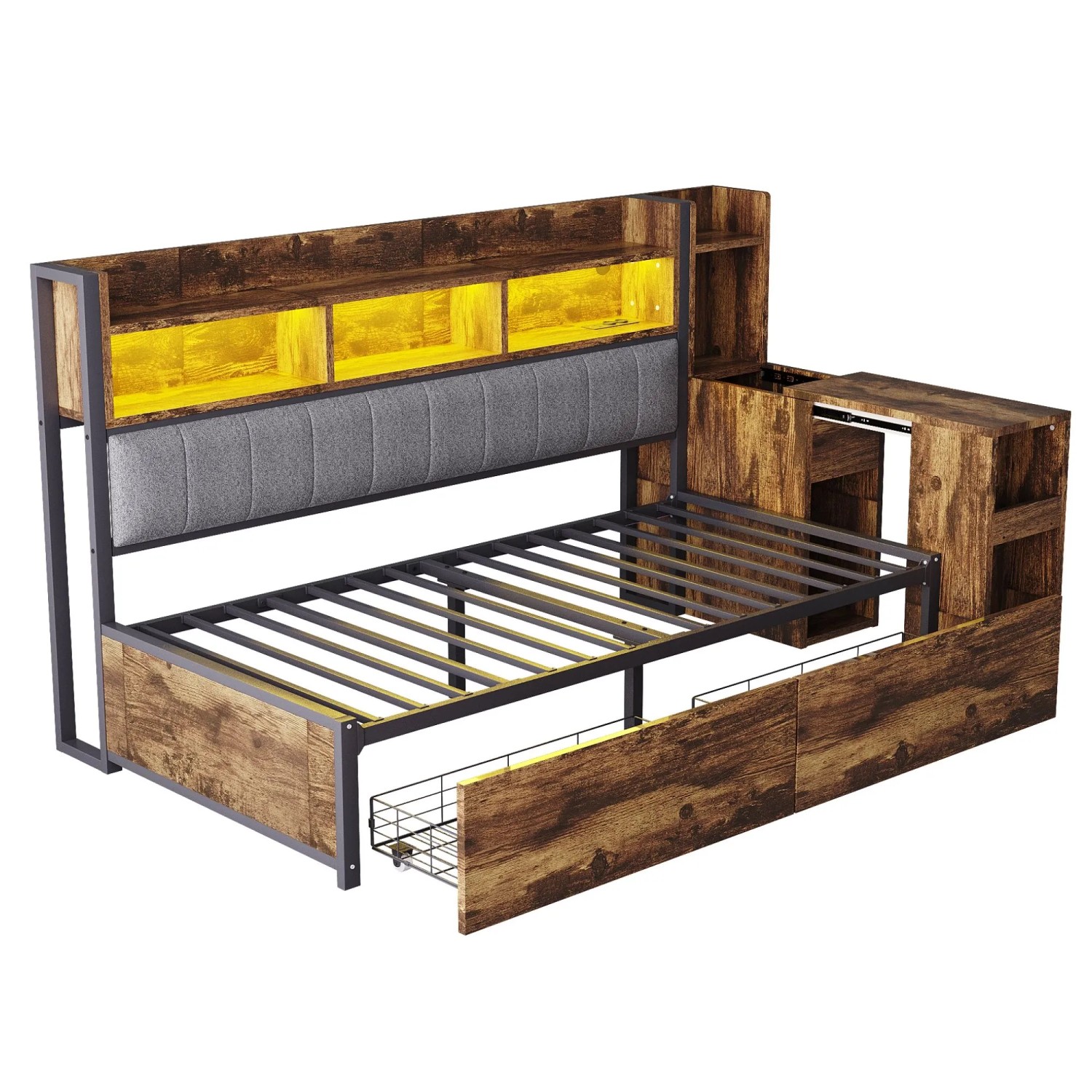 Merax Sofabett 90x200cm Eisen Schreibtisch Stauraum Holzfarbe