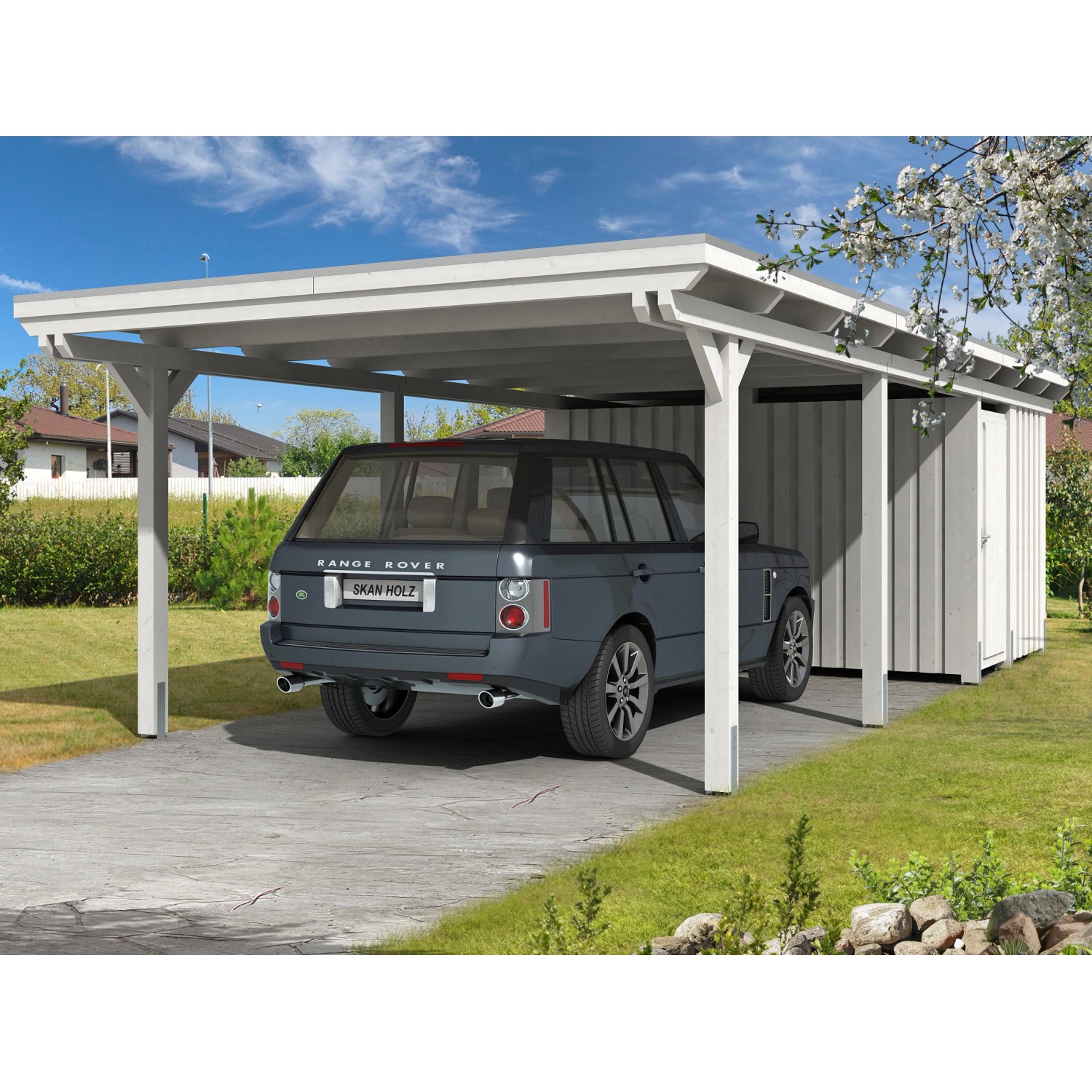 Skan Holz Einzelcarport Leimholz Weiß 404 cm x 846 cm mit Abstellraum günstig online kaufen