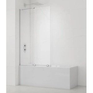 Swiss Aqua Technologies Badewannenabtrennung Walk-In Xmotion: 2-teilige Schiebetür aus Glas mit Chromprofil auf Badewanne.