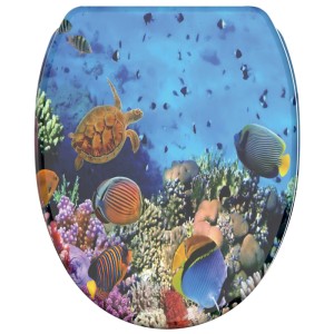 Sanilo WC-Sitz Ocean mit Absenkautomatik, Holz-Toilettendeckel mit Unterwasserwelt-Motiv.