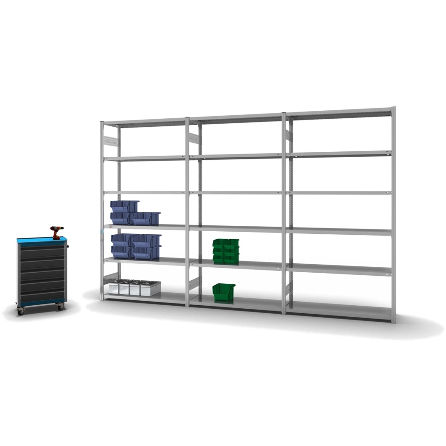 Verzinktes PROREGAL Fachbodenregal Stecksystem mit 6 Ebenen und Werkzeugwagen.