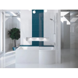 Weiße KOLMAN Rechteck-Badewanne 170x70 cm mit gebogener Glasabtrennung und Duschkopf in modernem Bad.