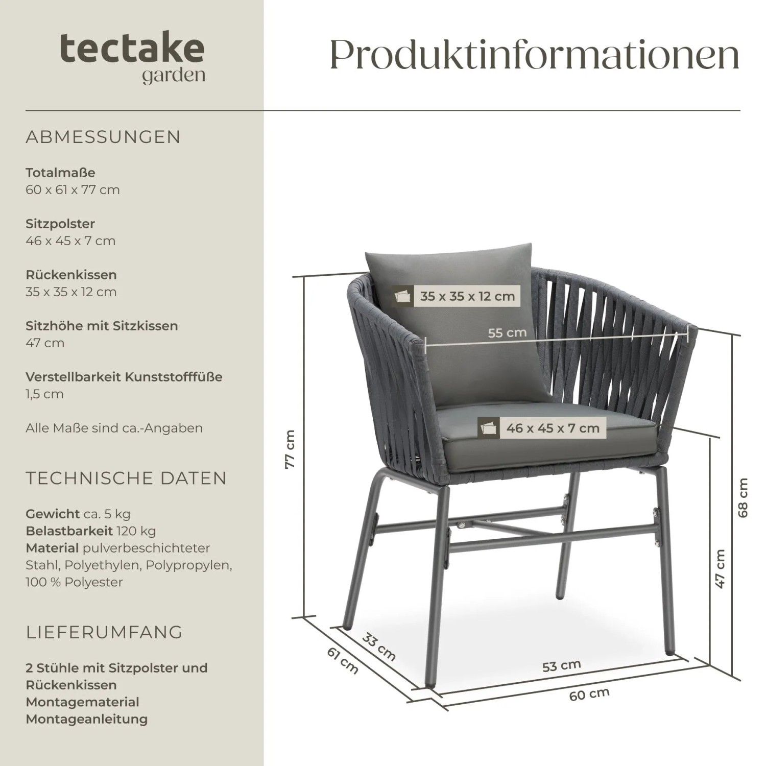 Dunkelgrauer Tectake Gartenstuhl Valeiras mit Ropedesign Geflecht, dicken Polstern. Maße des Stuhls sind sichtbar.