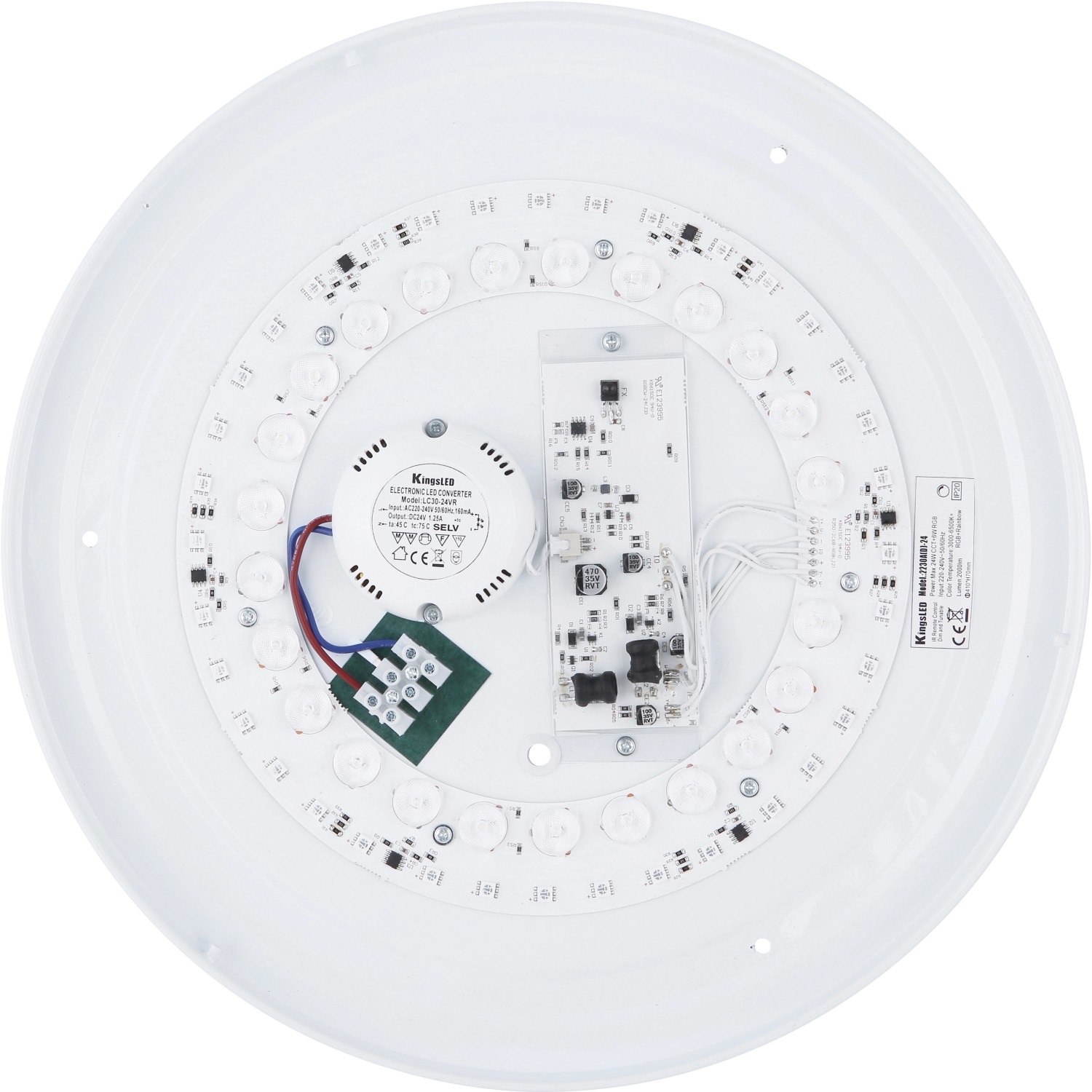 Innenansicht der runden, weißen LED Deckenleuchte Sully (Ø 38 cm) mit Elektronik und LED-Ring.