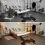 Zwei graue Relaxdays Unterbettkommoden unter dem Bett in einem aufgeräumten Schlafzimmer. Schafft Ordnung und Stauraum.