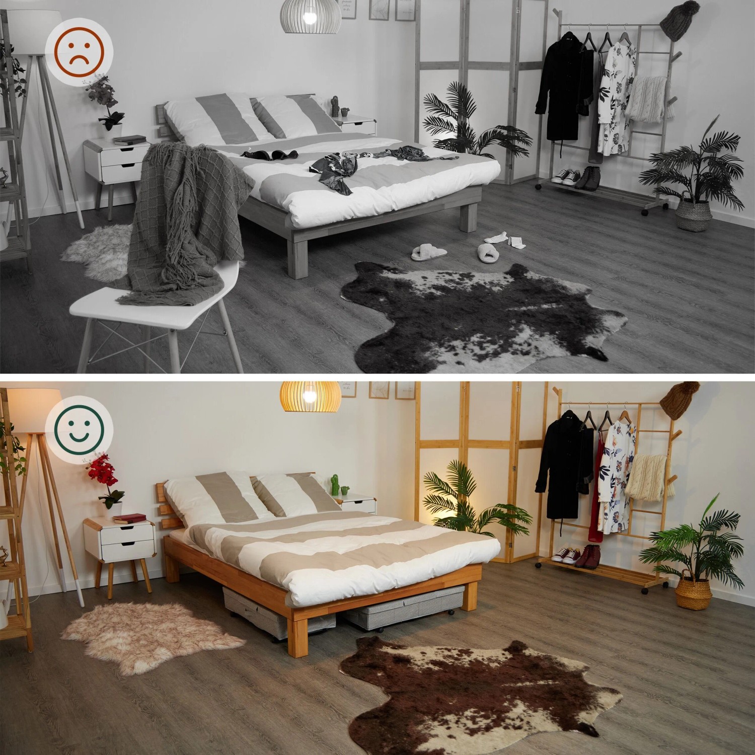 Zwei graue Relaxdays Unterbettkommoden unter dem Bett in einem aufgeräumten Schlafzimmer. Schafft Ordnung und Stauraum.
