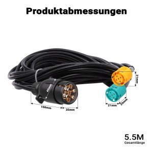 Schwarzes 7-poliges Anhängerkabel, 5M, mit 7-Pin Stecker und zwei 5-Pin Steckverbindern für Pkw.