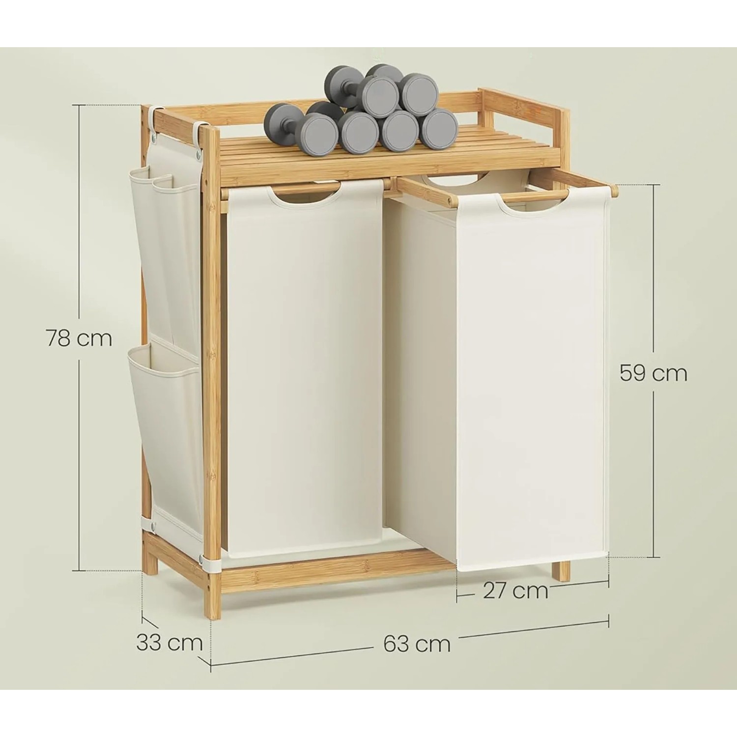 Songmics Wäschesammler Rocki mit 2 Fächern, Ablage und Seitentaschen aus Eiche und Weiß.