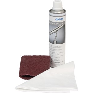 Edelstahl Pflege- und Reinigungsset mit Spray, Schleifkissen und Tüchern für Treppen & Geländer.