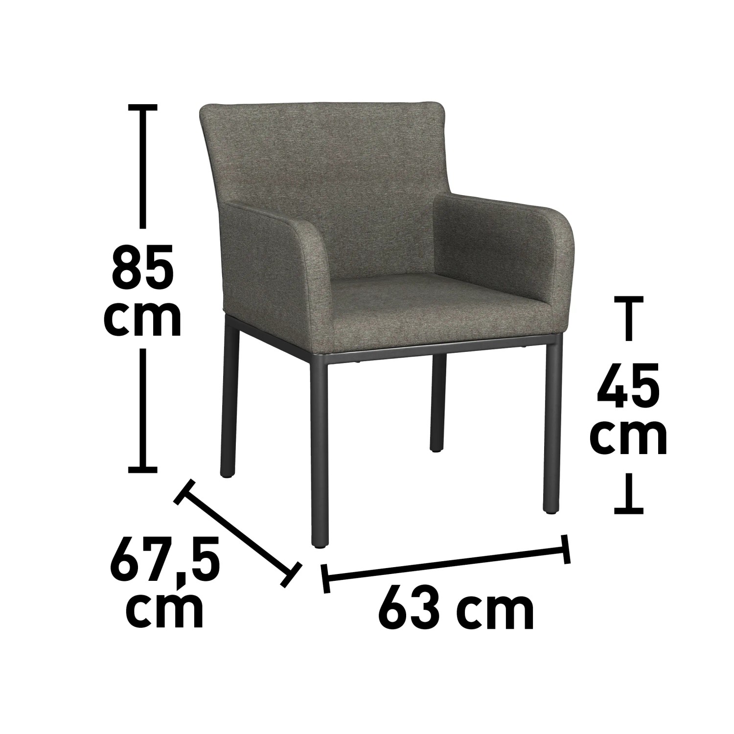 Gartenstuhl Pacora, anthrazitfarbener Sessel mit Armlehnen und Aluminiumgestell, Maße: 85x63x67,5 cm.