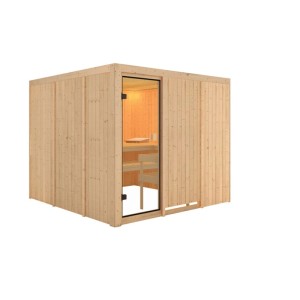 Karibu Innensauna Celine aus hellem Holz mit Glastür, innen mit Bänken und warmer Beleuchtung. 68 mm Wandstärke.