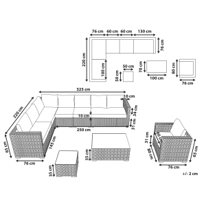 Maßzeichnung Beliani Lounge Set XXL: L-Sofa, Sessel, Couch- & Beistelltisch aus Polyrattan für Gartenmöbel.