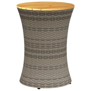Grauer vidaXL Garten-Beistelltisch in Trommelform aus Polyrattan mit Akazienholz-Tischplatte.