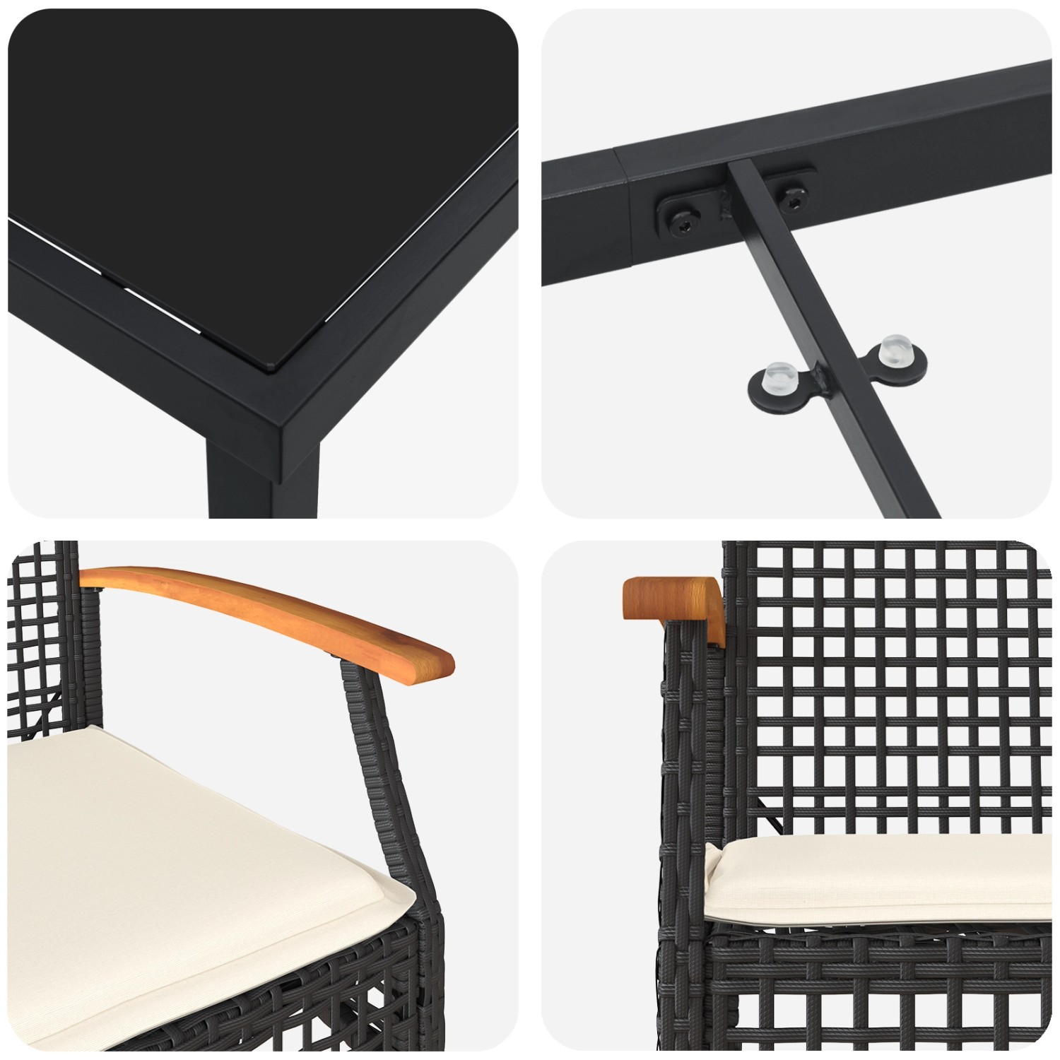 Detailansicht vidaXL Garten Essgruppe, 3-teilig, schwarz, Poly Rattan, Tischplatte Glas, Stühle mit Armlehnen.
