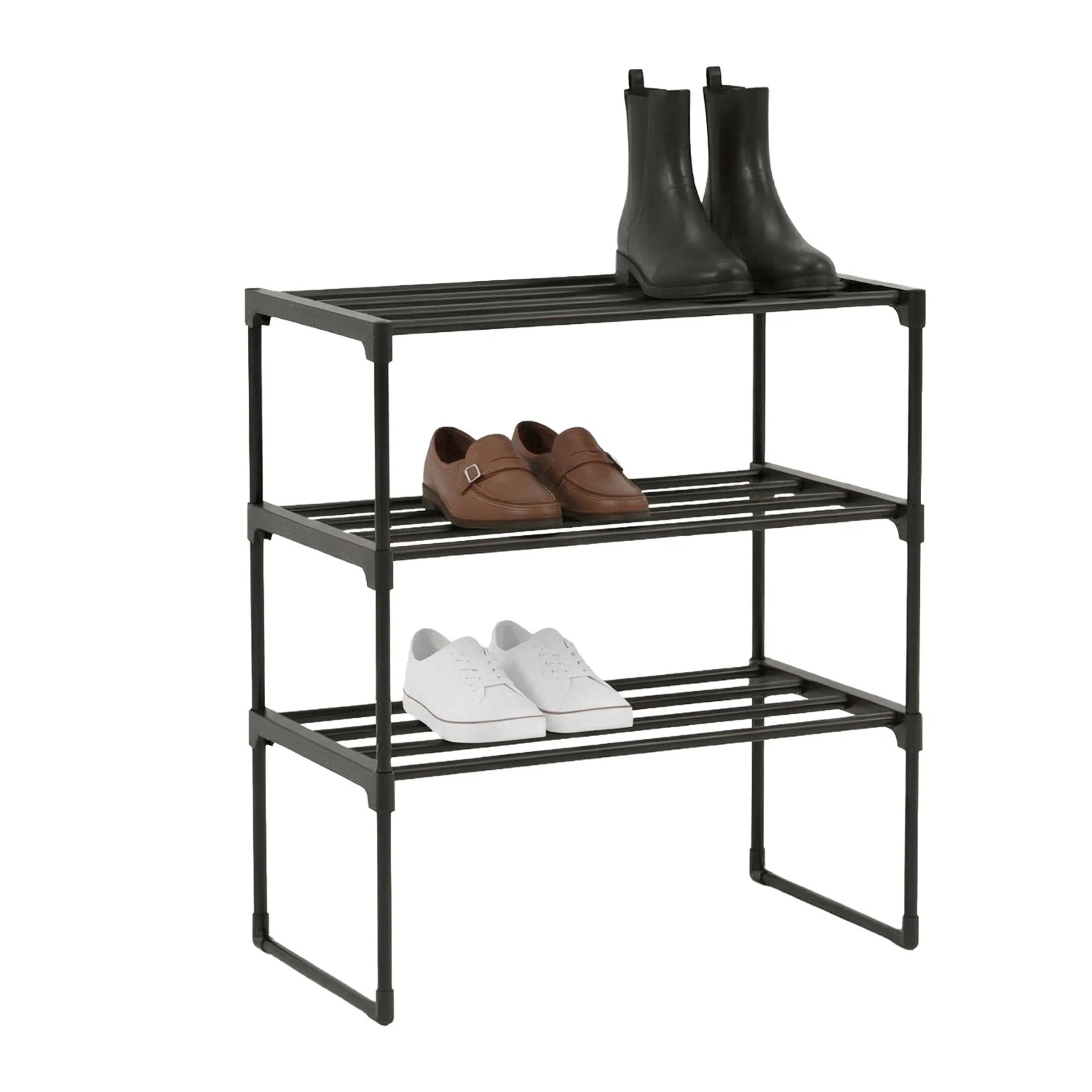 Relaxdays Schuhregal Metall Schwarz Stapelbar Stecksystem 3 Ebenen 55 cm x 42,5 cm x 30 cm