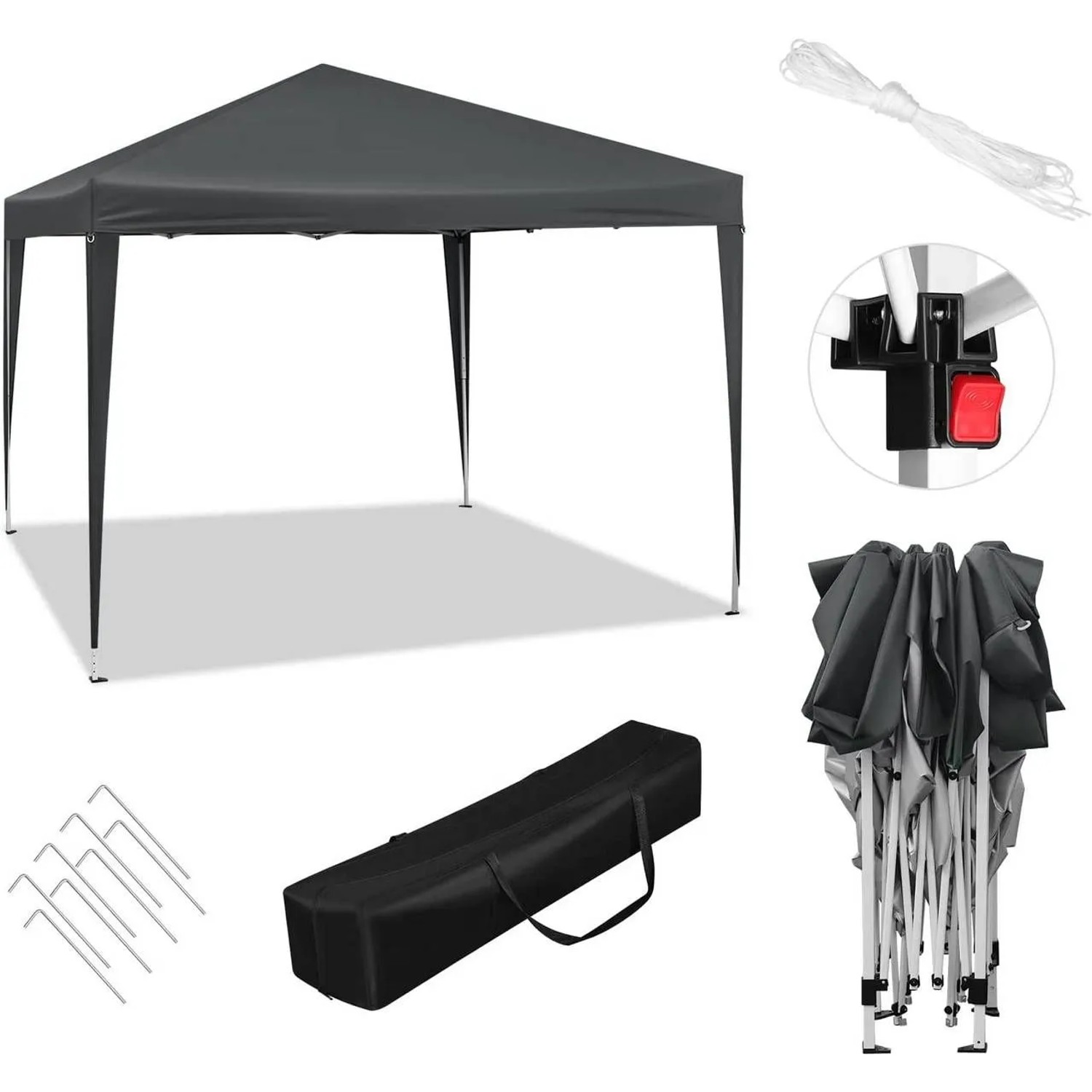 WOLTU Faltpavillon 3x3 m in Anthrazit mit Zubehör wie Heringen und Tragetasche.
