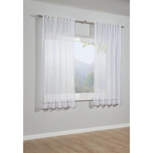 Weißer, transparenter Bennetti Voile Schal mit Gardinenband am Fenster.