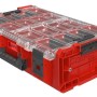 Roter PROREGAL QBRICK Sortimentskasten One 2XL mit 3 Fächern und transparentem Deckel.