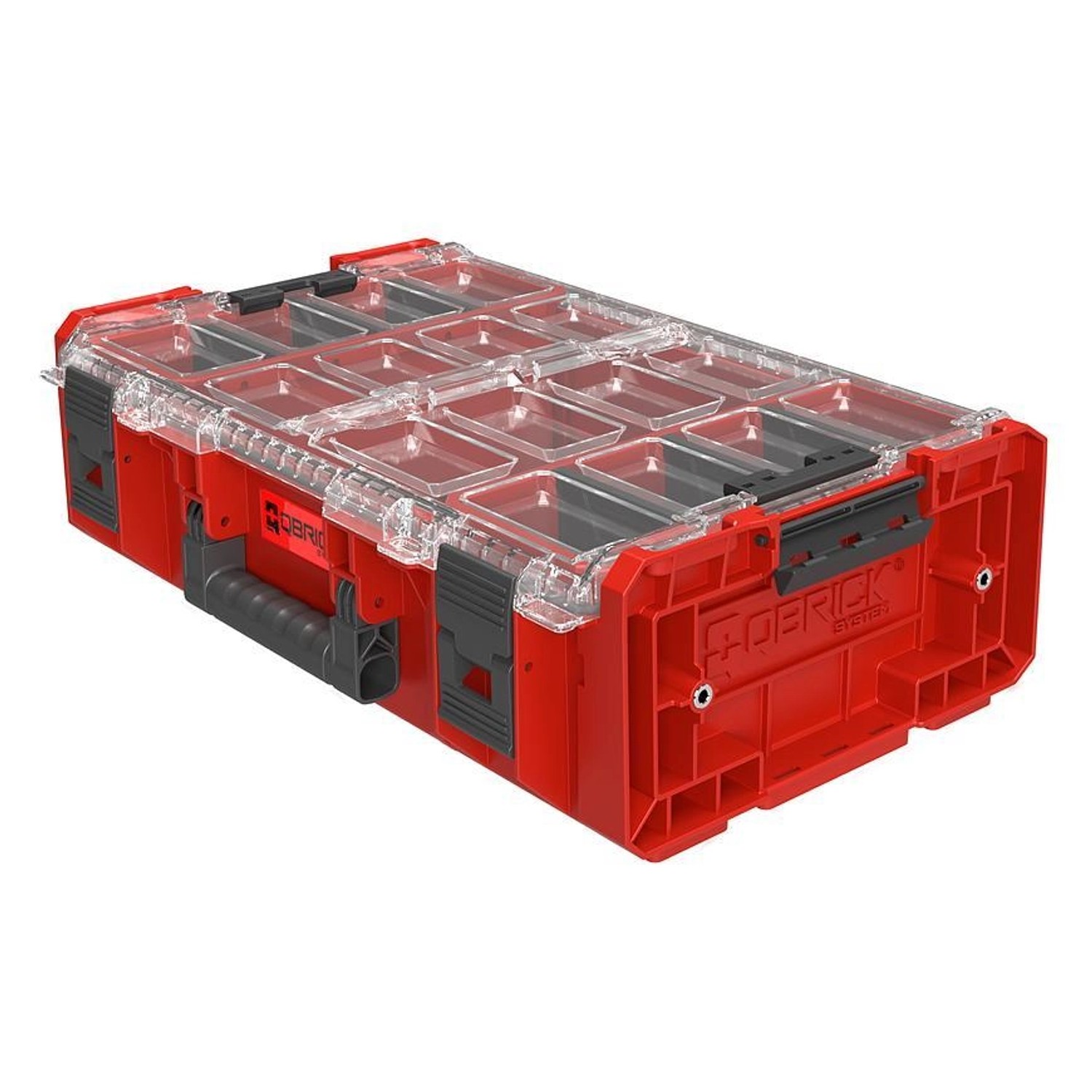 Roter PROREGAL QBRICK Sortimentskasten One 2XL mit 3 Fächern und transparentem Deckel.