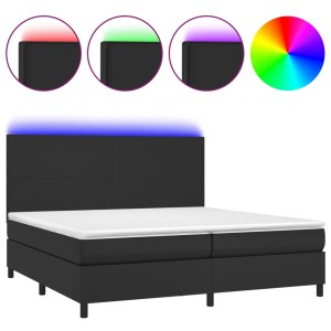 Schwarzes Boxspringbett mit LED, Matratze und Kunstlederbezug, 200x200 cm.
