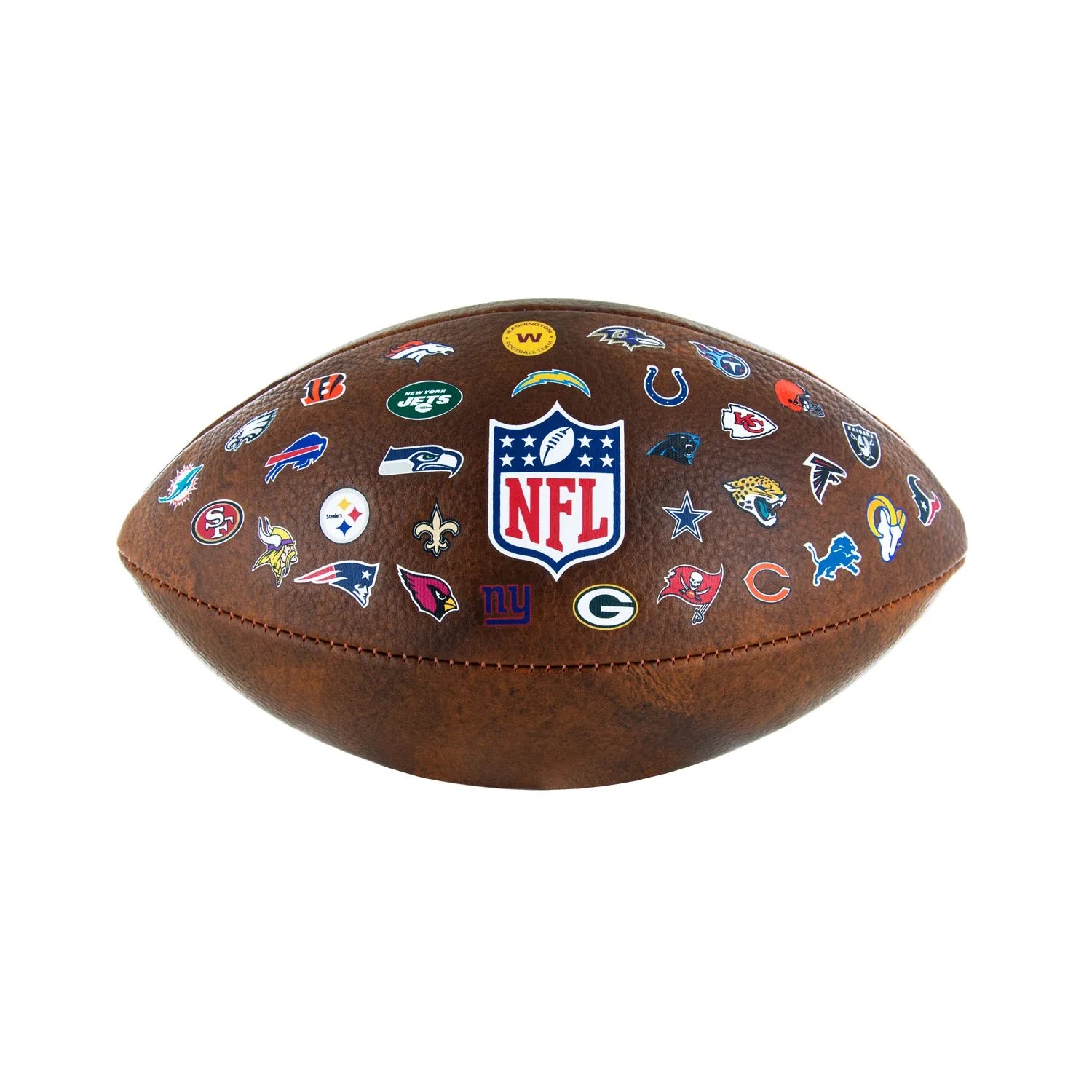 Wilson Football Junior Size mit NFL Team Logos, braunes Kunstleder. Sammlerstück für Football Fans.