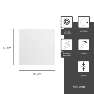 Weiße Fenix Infrarotheizung COMFORT, 600W, mineralbeschichtet, mit Maßangaben und Icons zu Produkteigenschaften.