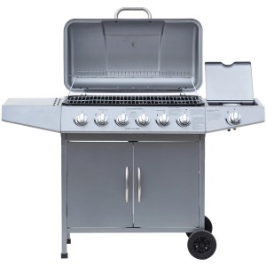 El Fuego Dayton Gasgrill mit 6 Brennern und Seitenbrenner, silberfarben.