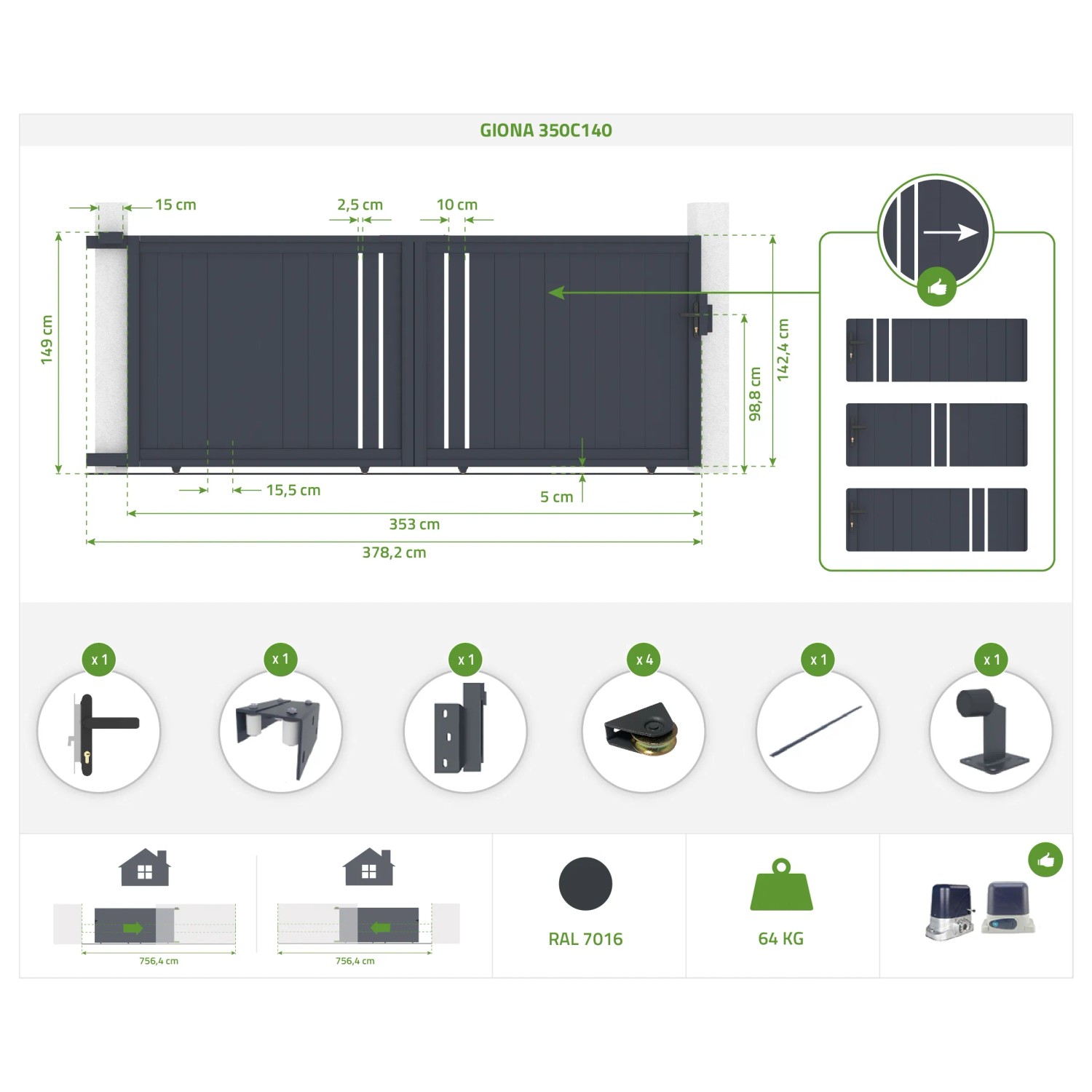 Graues Casanoov Schiebetor Giona 3,5 m mit Pfosten (H 140 cm).