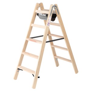 Beidseitig begehbare Holz Stehleiter mit 2x5 Stufen von PROREGAL. Ideal für sicheres Arbeiten.