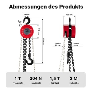 Wiltec Kettenzug 1T, rot-schwarz, mit Abmessungen und technischen Daten: 1000kg Tragkraft, 3m Hubhöhe.