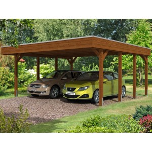 Skan Holz Doppelcarport in Nussbaum mit zwei geparkten Autos. Holzkonstruktion mit Flachdach.