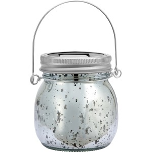 Silberne LED Solar-Dekoleuchte aus Glas mit Bügel, Ø 8 cm x 9 cm, für Garten und Balkon.