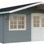Palmako Gartenhaus Britta, 426x426 cm, grau-weiß lackiert, mit Doppeltür und Fenster.