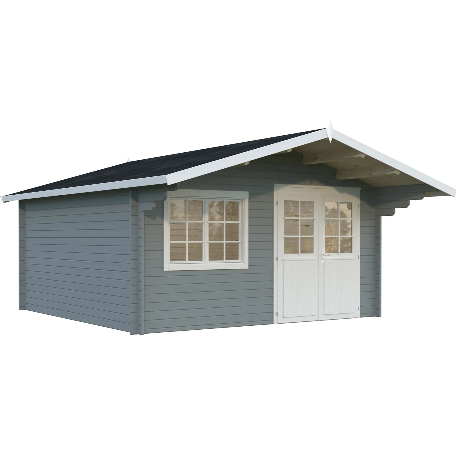 Palmako Gartenhaus Britta, 426x426 cm, grau-weiß lackiert, mit Doppeltür und Fenster.