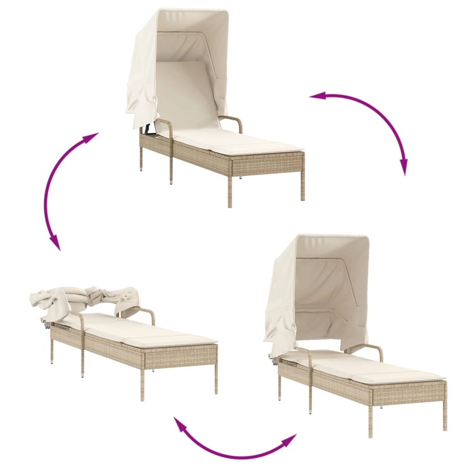 vidaXL Sonnenliegen 2er Set beige mit Dach und Tisch, Poly Rattan Gartenmöbel.